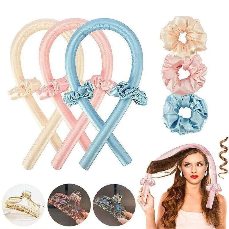 Heatless Curling Rod Headband Silk Curling Ribbon Hair Roller Lazy Curler Sets - 3Pcs/Set A (Beige，No Clip)