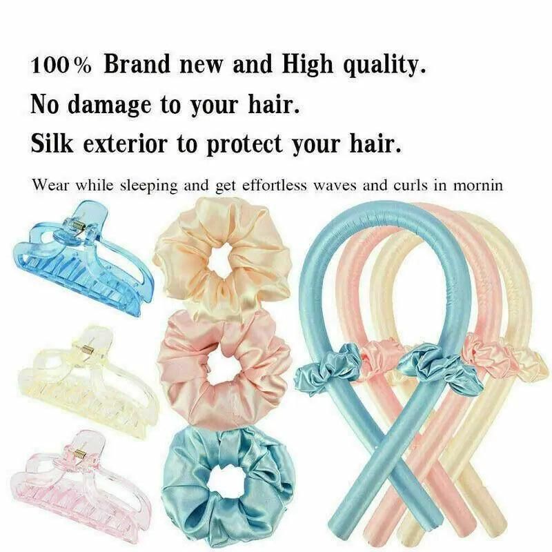 Heatless Curling Rod Headband Silk Curling Ribbon Hair Roller Lazy Curler Sets - 3Pcs/Set A (Beige，No Clip)