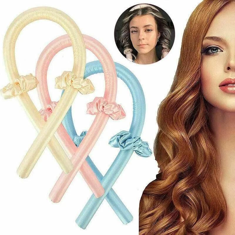 Heatless Curling Rod Headband Silk Curling Ribbon Hair Roller Lazy Curler Sets - 3Pcs/Set A (Beige，No Clip)