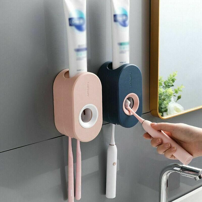 Automatic Toothpaste Dispenser Bathroom Wall-Mounted Rack Toothbrush Holder - Dark Blue