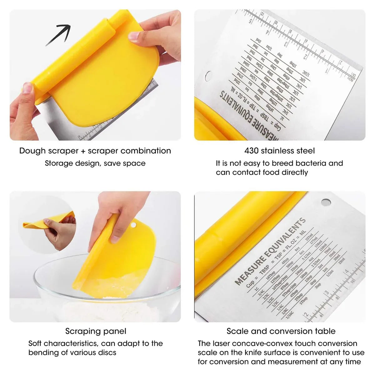 Stainless Steel Bench Scraper Dough Cutter with Scale and Roll Handle Baking Tool