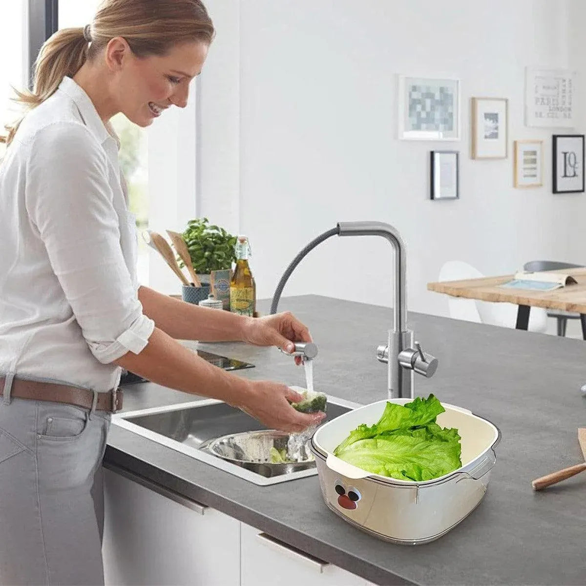 2 in 1 Cute Double Draining Fruit Basket Dishwashing Colander for Household - Green