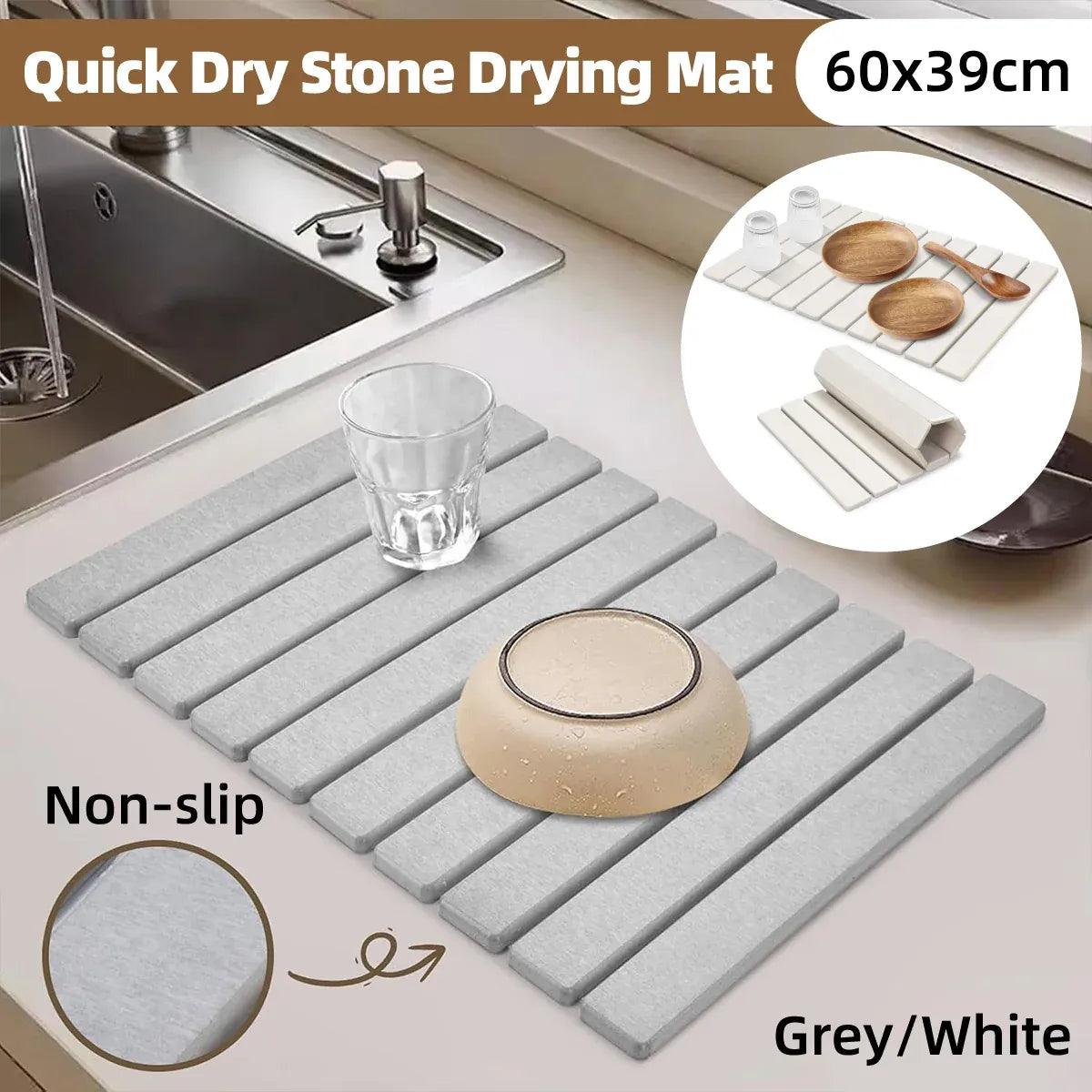 Kitchen Absorbent Diatom Mud Drying Pad Foldable Plate Draining Pad Non Slip - White