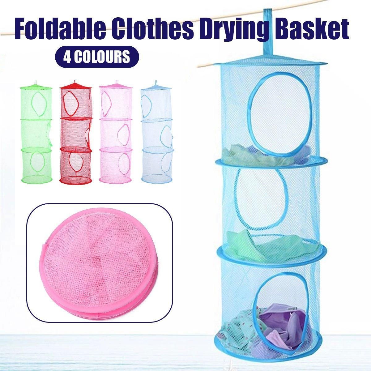 Foldable Clothes Drying Basket Three-layer Hanging Storage Breathable Organizer - Blue