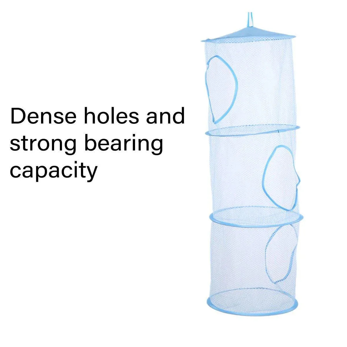 Foldable Clothes Drying Basket Three-layer Hanging Storage Breathable Organizer - Blue