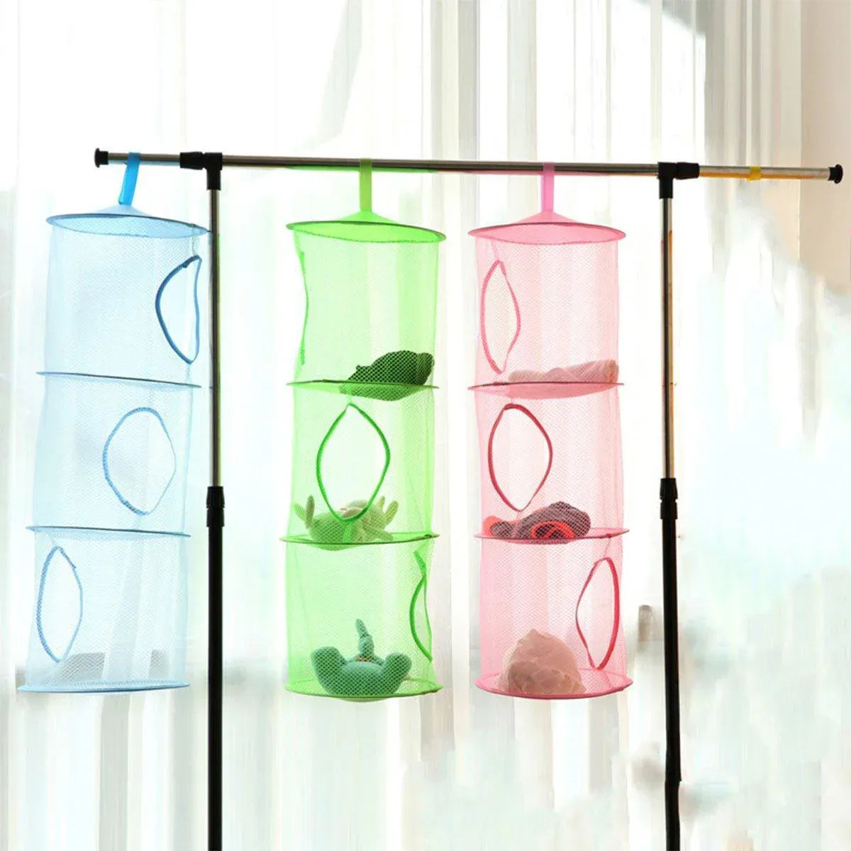 Foldable Clothes Drying Basket Three-layer Hanging Storage Breathable Organizer - Blue