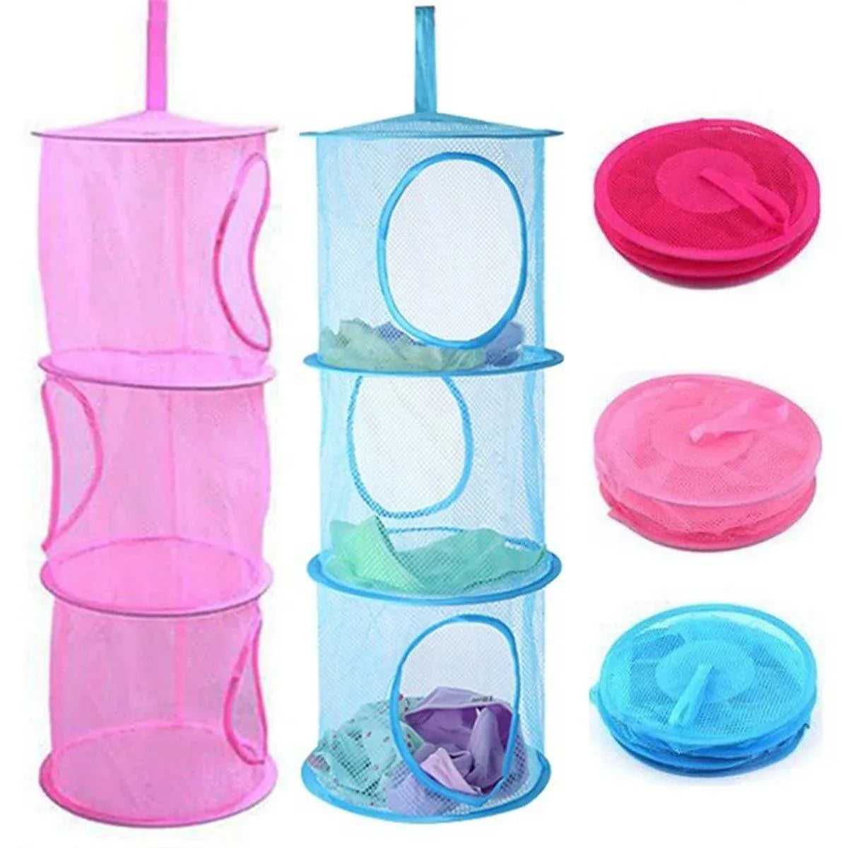 Foldable Clothes Drying Basket Three-layer Hanging Storage Breathable Organizer - Blue