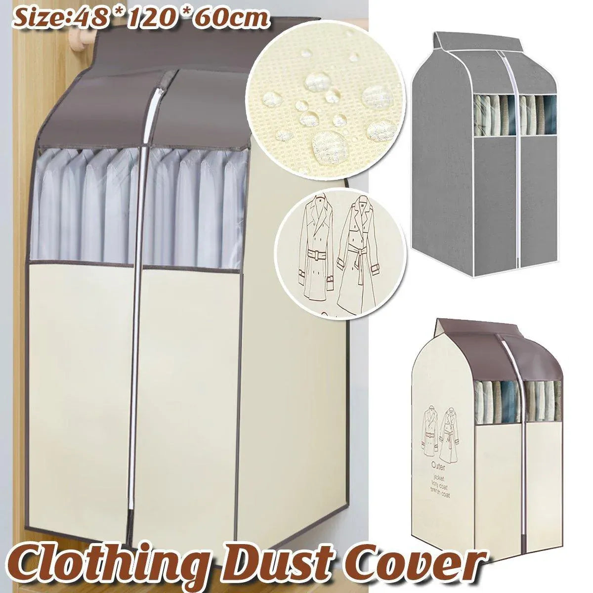 Hanging Garment Covers with Clear Window 120cm for Clothes Rack Closet Hanging - Beige