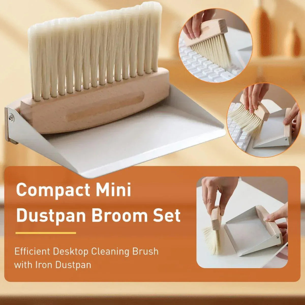 Mini White Brush Broom with Dustpan Car Desk Table Keyboard Cleaning Portable