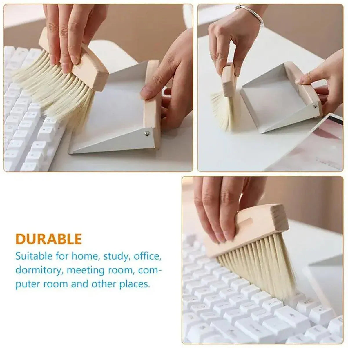 Mini White Brush Broom with Dustpan Car Desk Table Keyboard Cleaning Portable