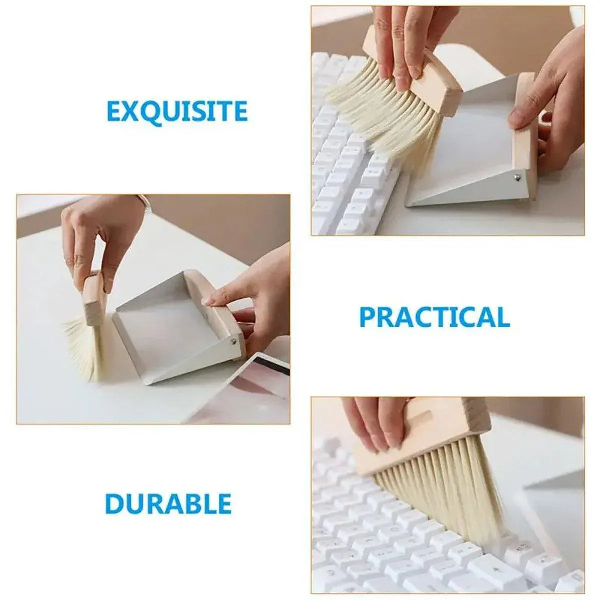 Mini White Brush Broom with Dustpan Car Desk Table Keyboard Cleaning Portable