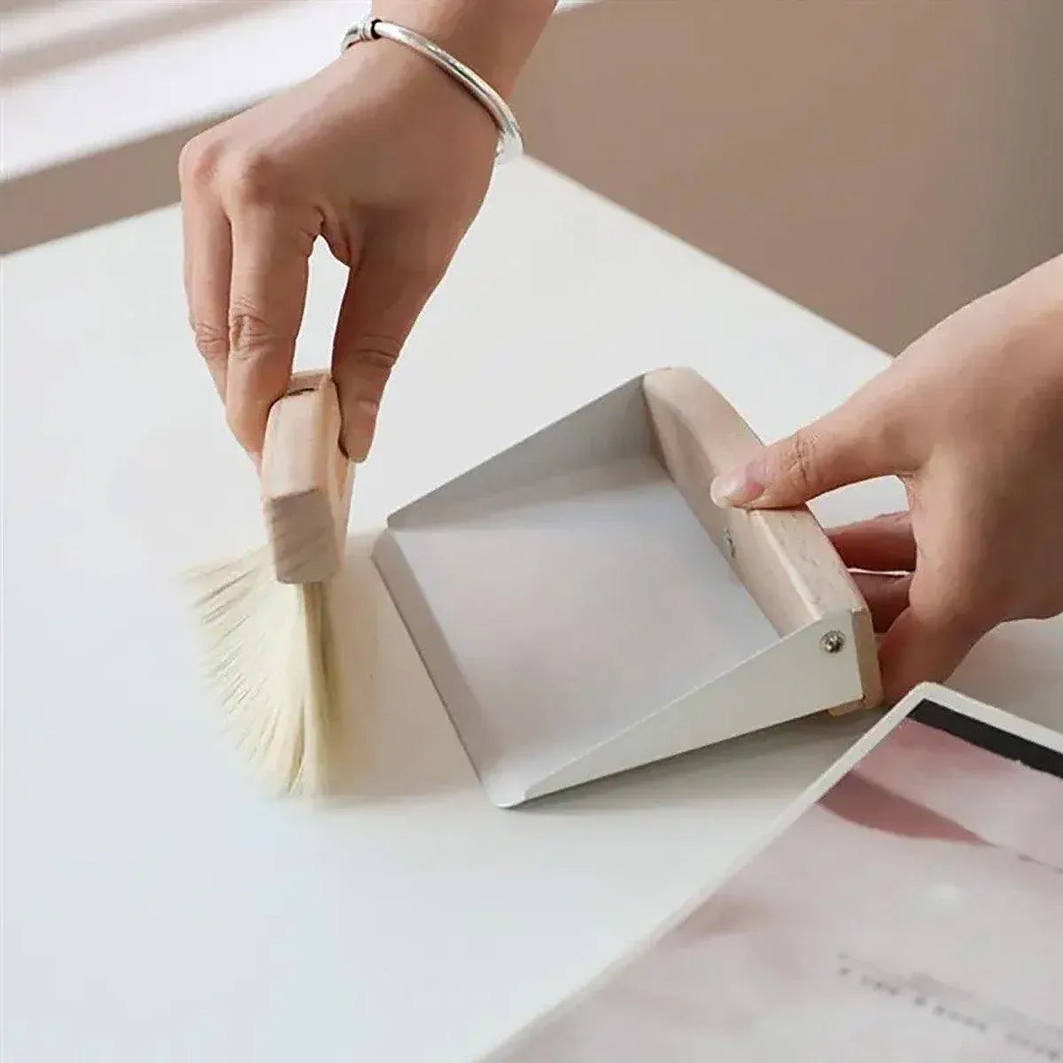 Mini White Brush Broom with Dustpan Car Desk Table Keyboard Cleaning Portable