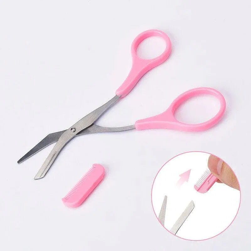 Eyebrow Scissors with Comb Stainless Steel Makeup Trimmer Beauty Tool 3 Colours - Pink