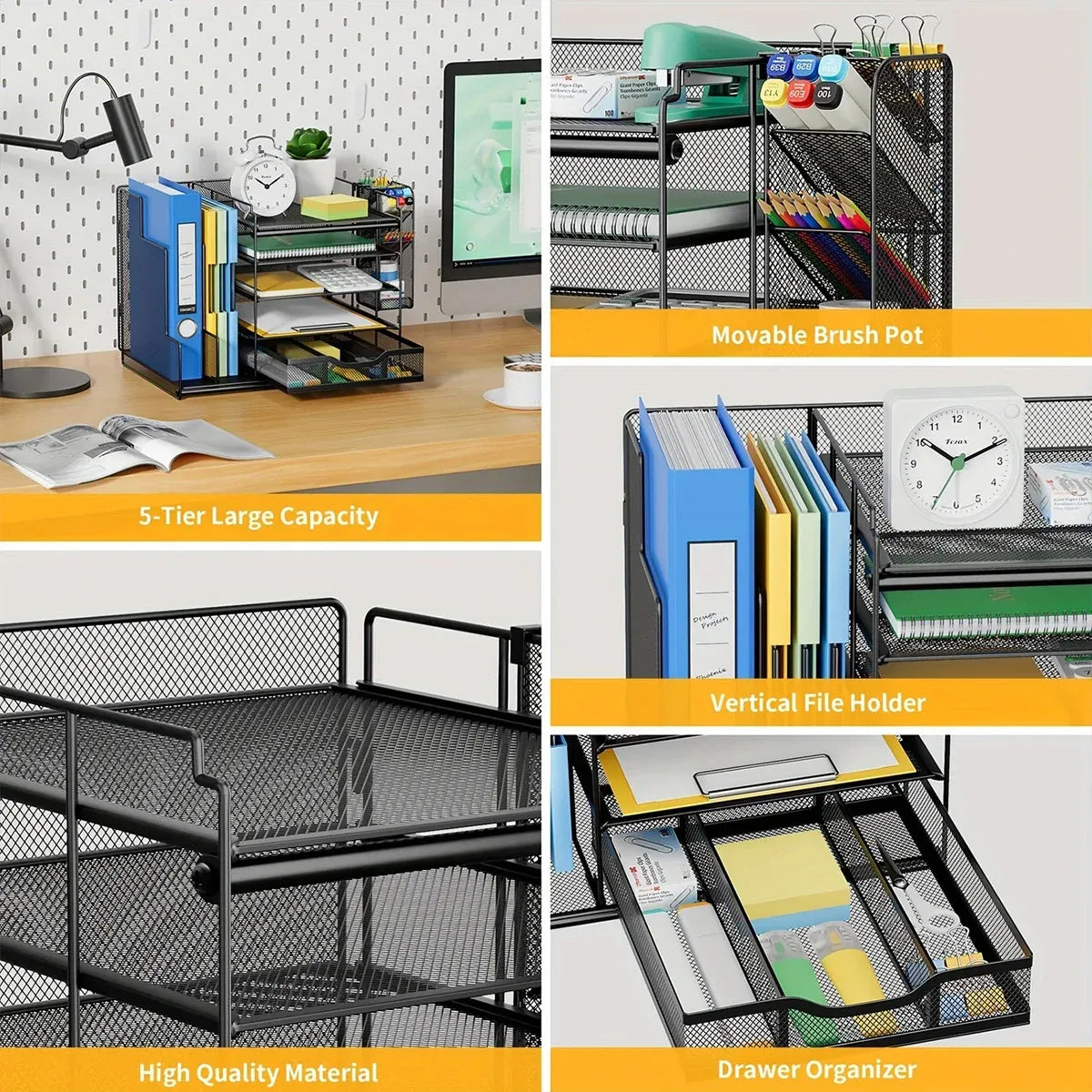 Multi Layer Desktop File Rack Storage Organizer Black Plastic for Office Home