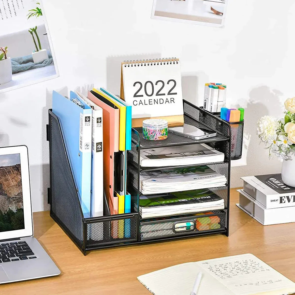 Multi Tier Desktop Organizer File Holder Document Storage Rack Office Shelf Black