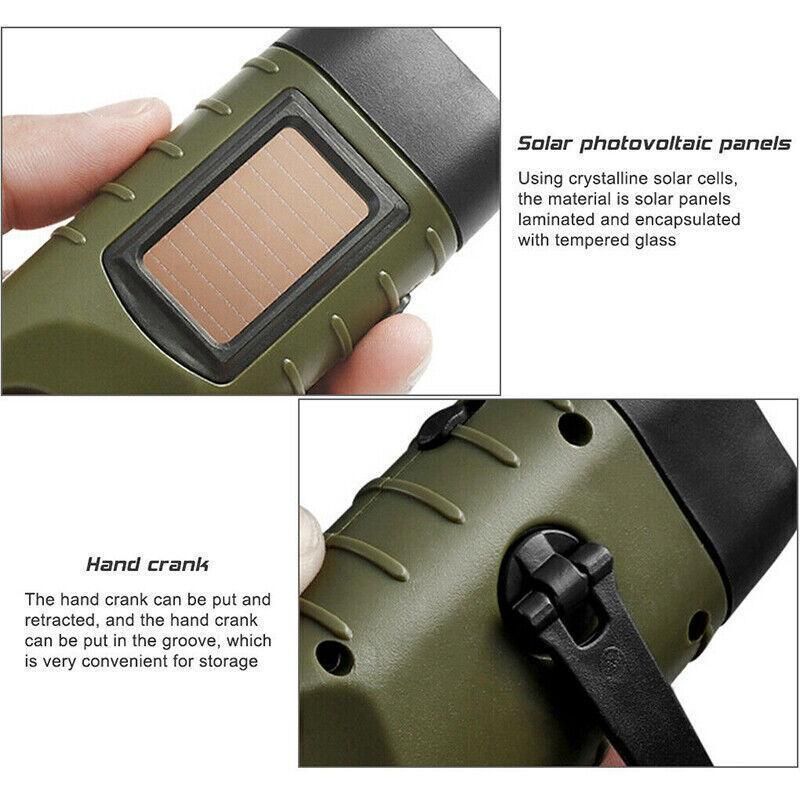 Hand Crank Solar Powered Rechargeable Led Camping Emergency Flashlight - Black