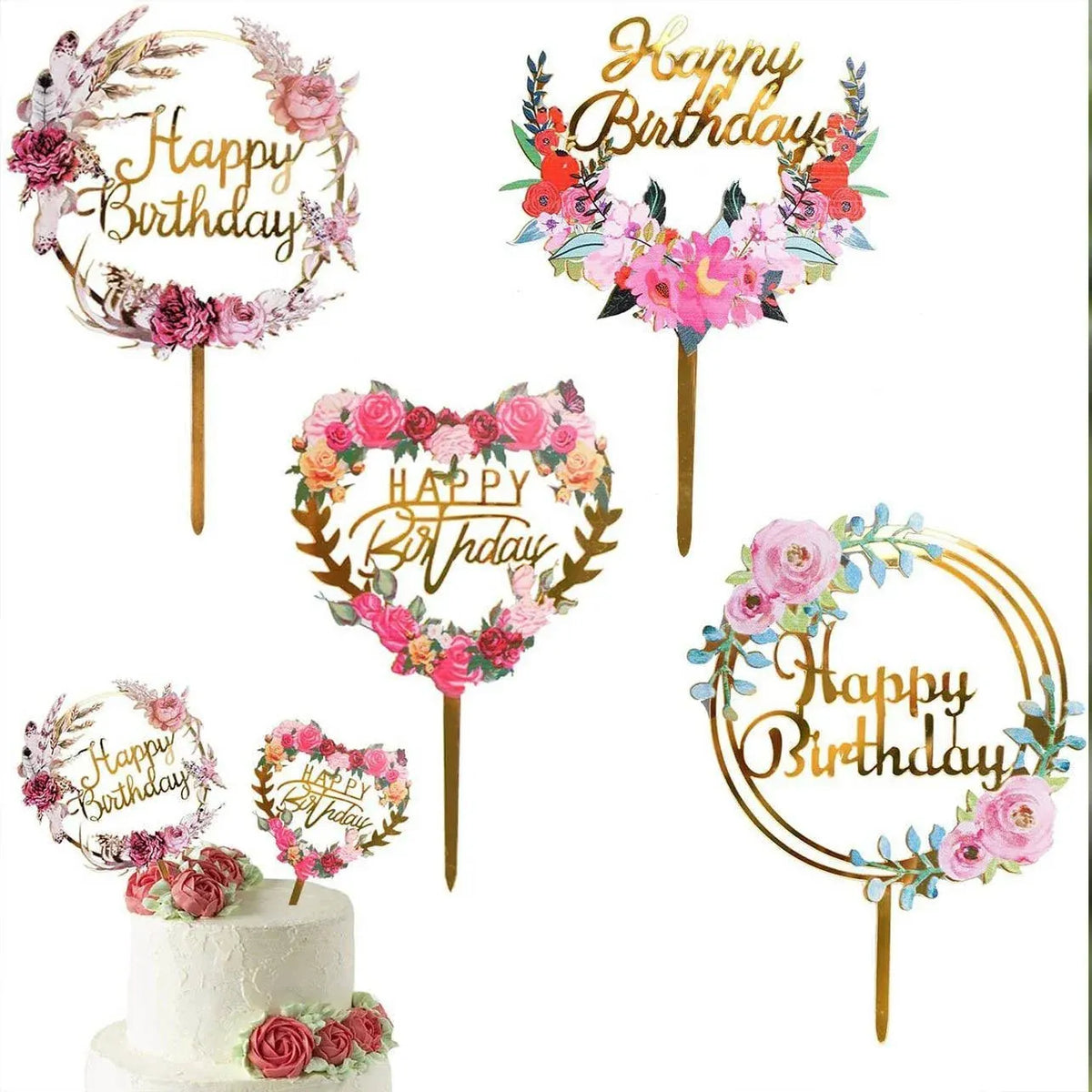 Happy Birthday Anniversary Wedding Cake Flowers Topper Acrylic Party Decorations - NO.14