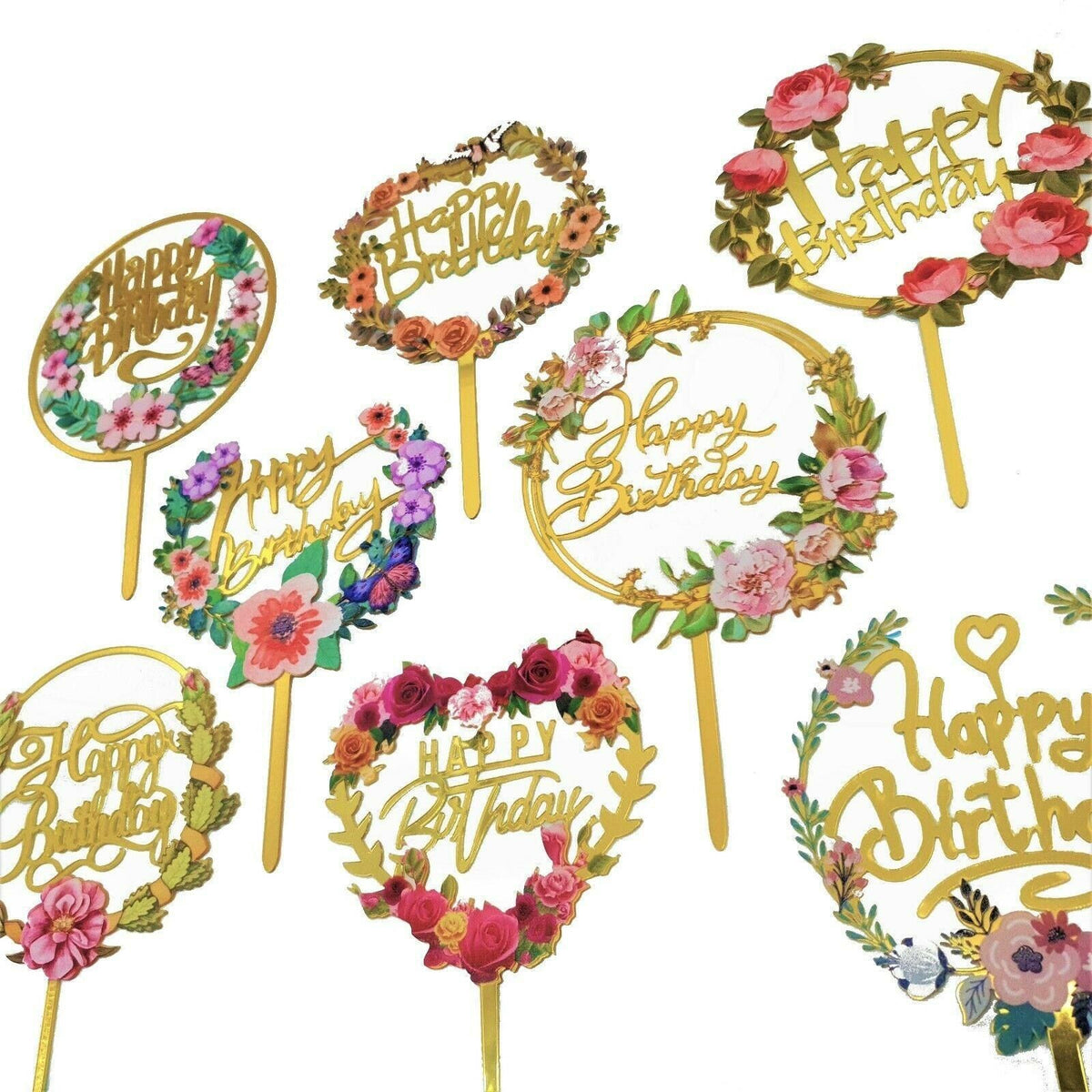 Happy Birthday Anniversary Wedding Cake Flowers Topper Acrylic Party Decorations - NO.14