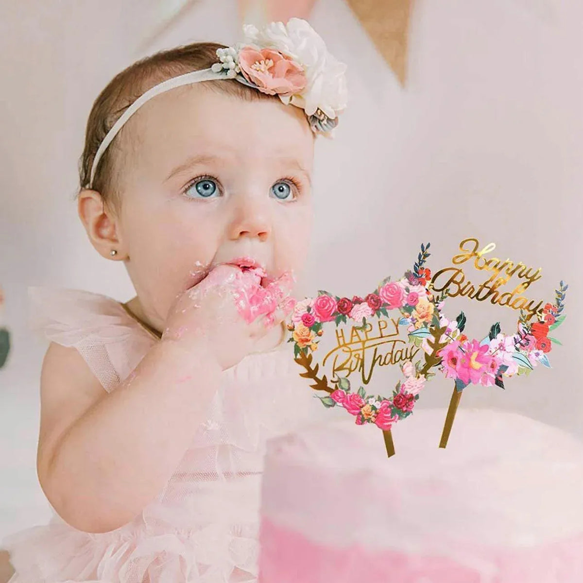 Happy Birthday Anniversary Wedding Cake Flowers Topper Acrylic Party Decorations - NO.14