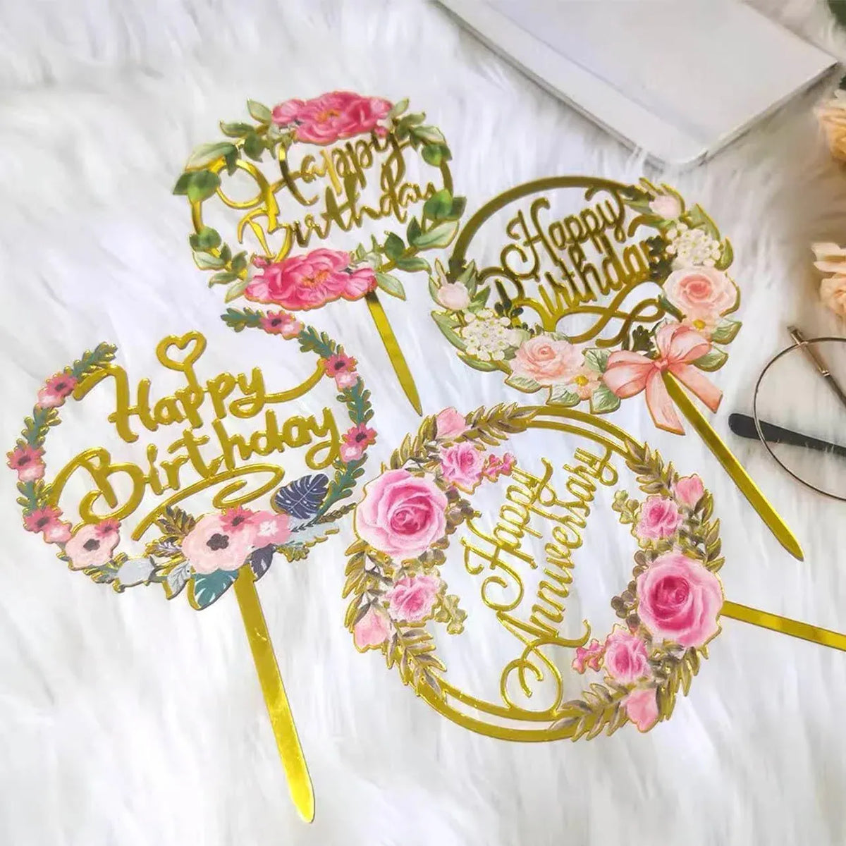 Happy Birthday Anniversary Wedding Cake Flowers Topper Acrylic Party Decorations - NO.14