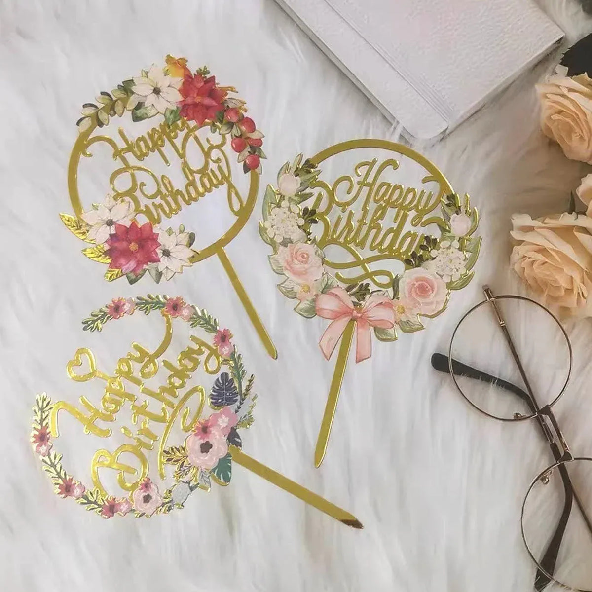 Happy Birthday Anniversary Wedding Cake Flowers Topper Acrylic Party Decorations - NO.14