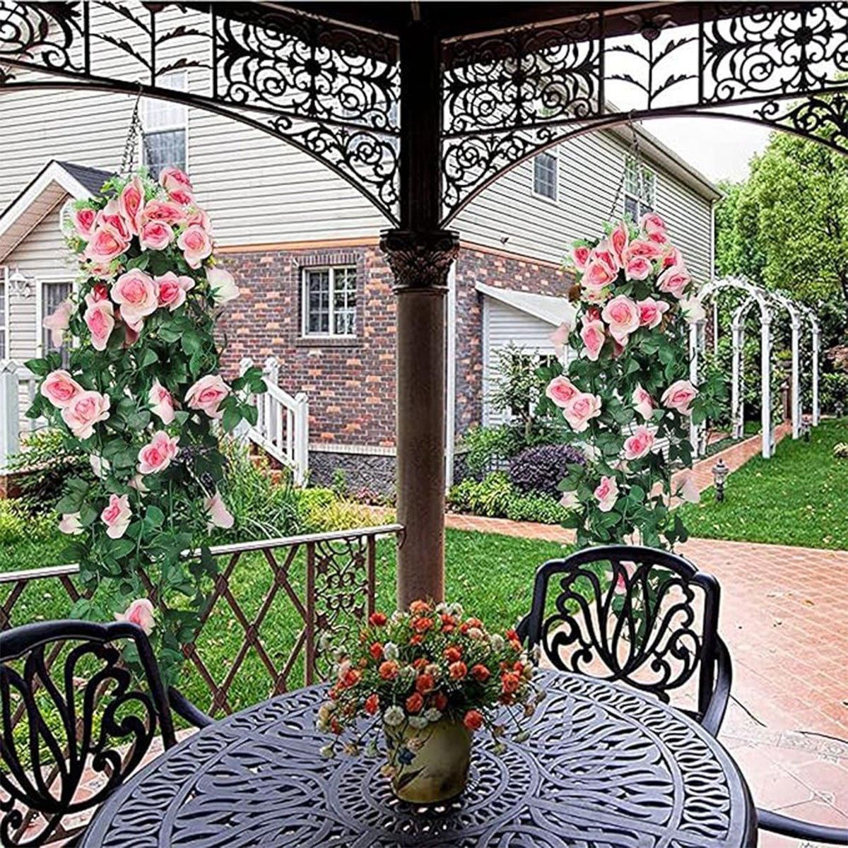 2PCS Artificial Rose Flower Garland Hanging Vine Home Wall Decor Fake Rattan - Red