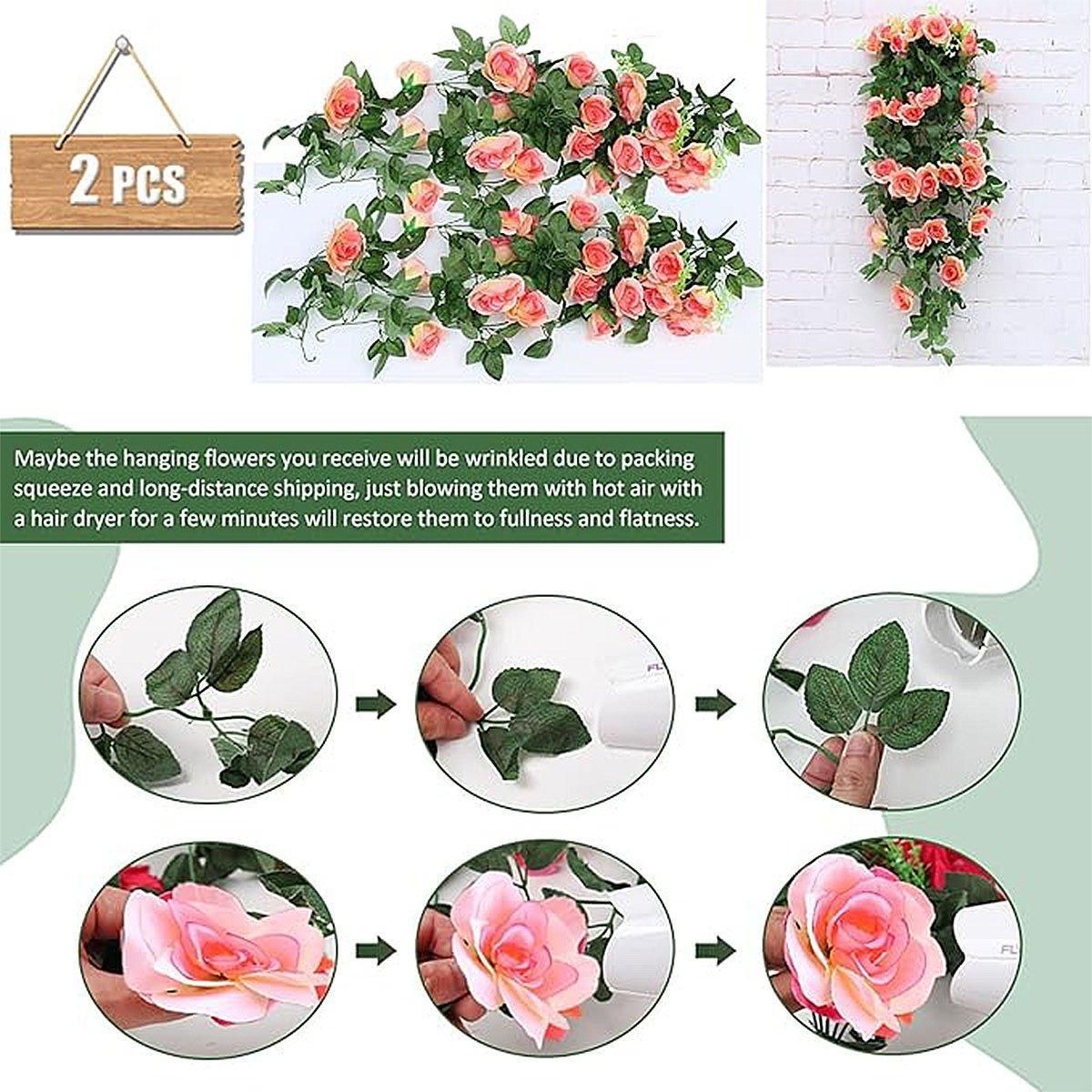 2PCS Artificial Rose Flower Garland Hanging Vine Home Wall Decor Fake Rattan - White