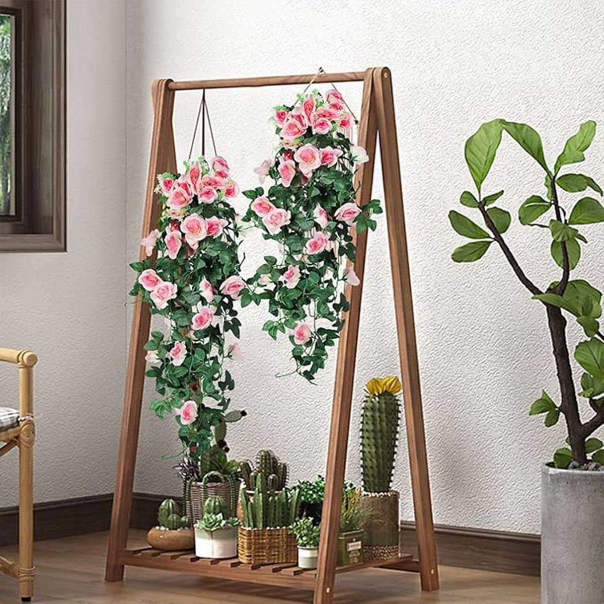 2PCS Artificial Rose Flower Garland Hanging Vine Home Wall Decor Fake Rattan - White