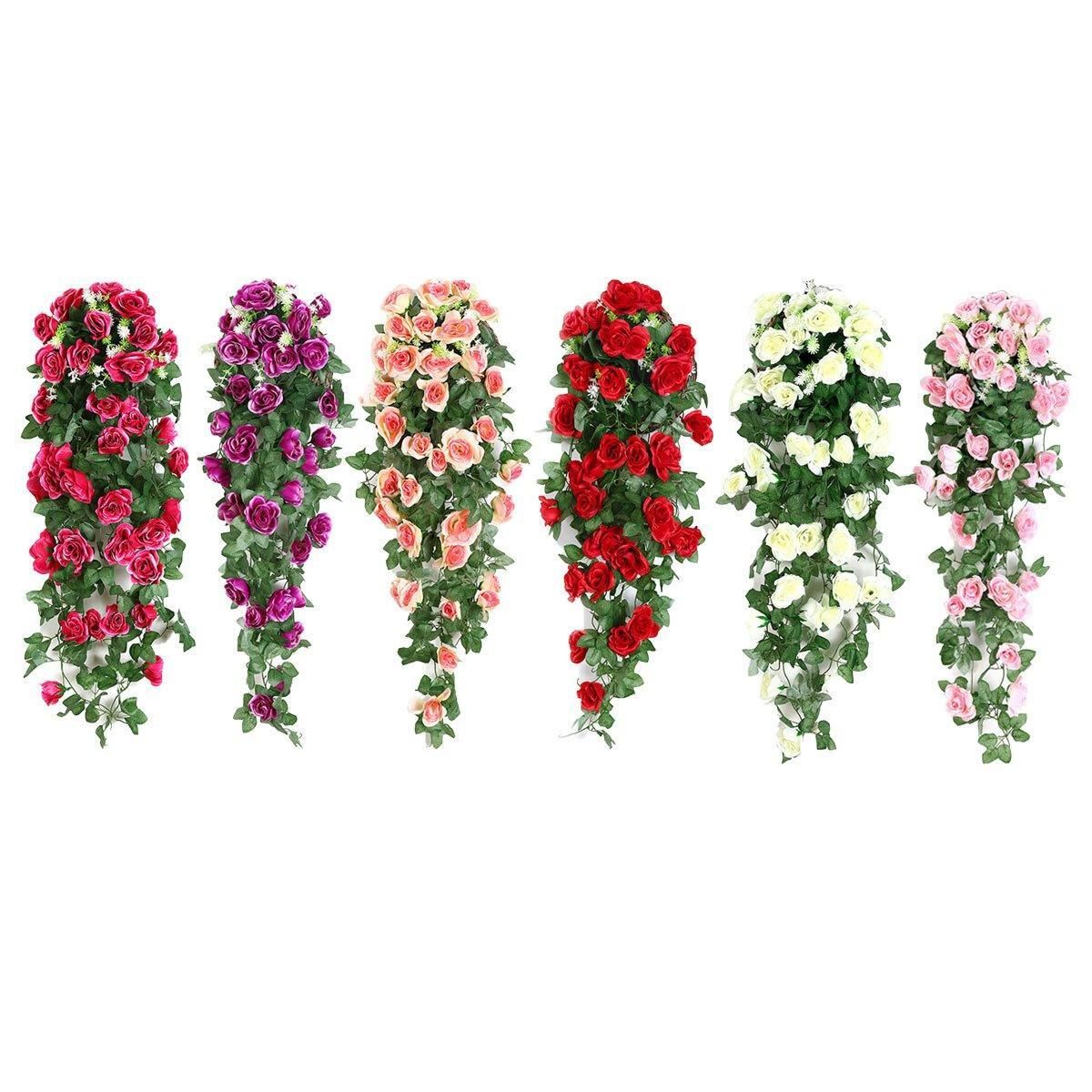 2PCS Artificial Rose Flower Garland Hanging Vine Home Wall Decor Fake Rattan - White