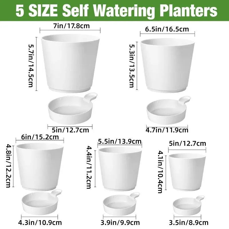 5pcs Self Watering Planter Desktop Plastic Round Planter Auto Suction Lazy Pot - White