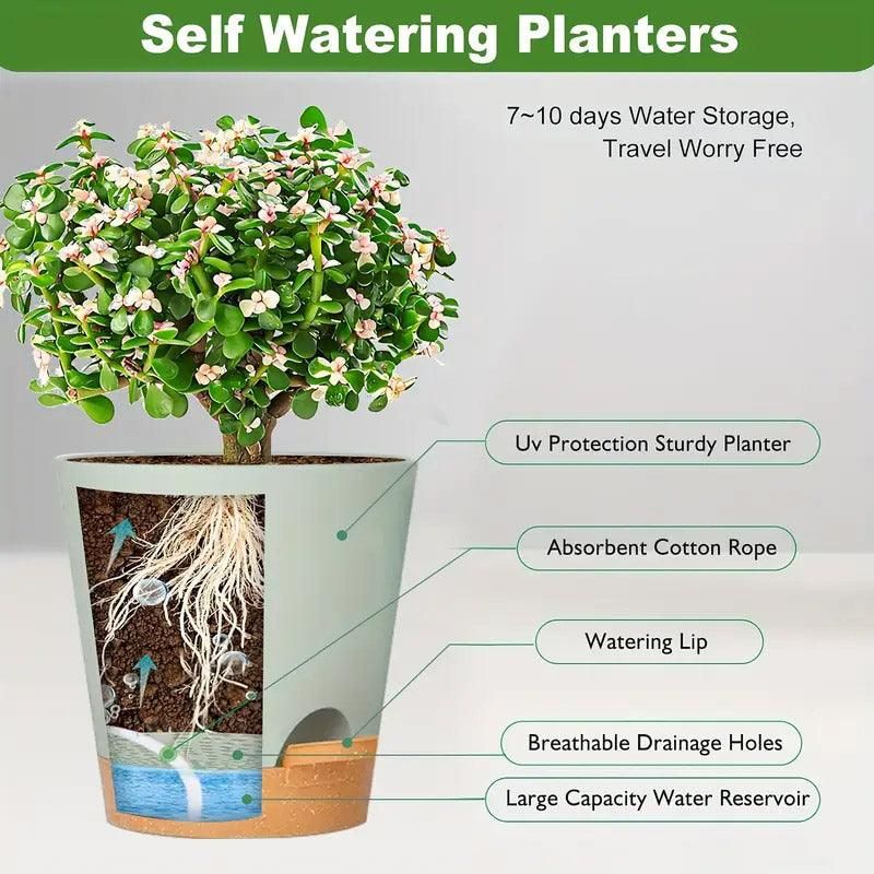 5pcs Self Watering Planter Desktop Plastic Round Planter Auto Suction Lazy Pot - White