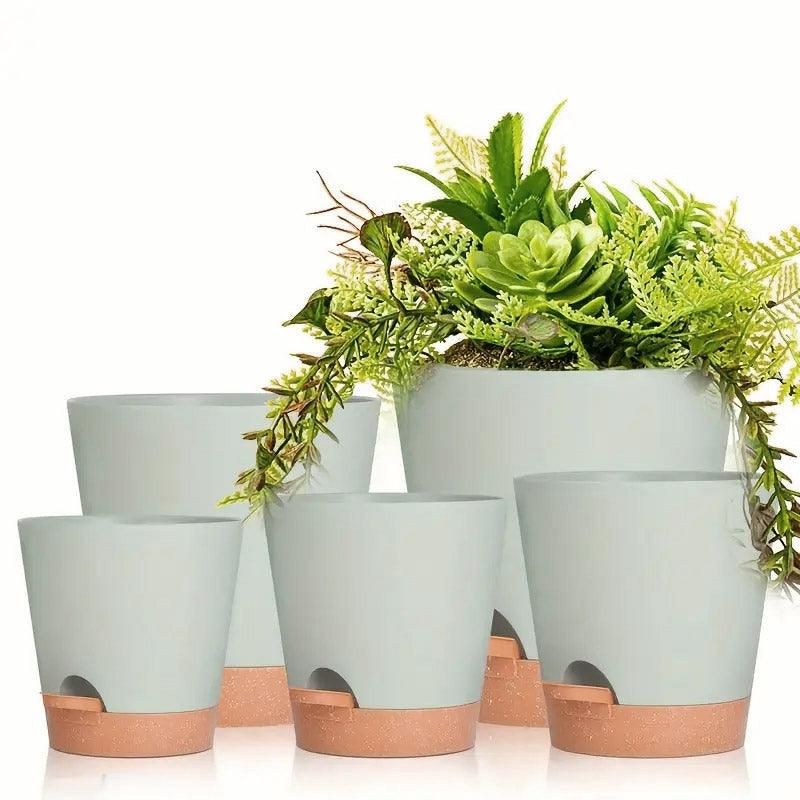5pcs Self Watering Planter Desktop Plastic Round Planter Auto Suction Lazy Pot - White