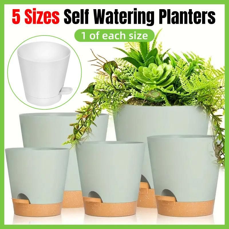 5pcs Self Watering Planter Desktop Plastic Round Planter Auto Suction Lazy Pot - White