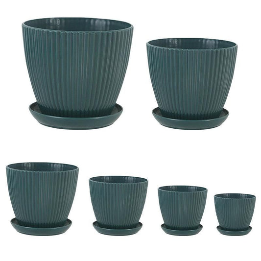 Green Plastic 6pcs Simple Round Plant Pots Vertical Stripes Flower Pot