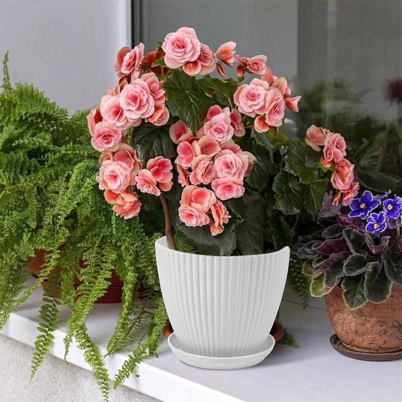 Simple Plastic Round Plant Pots Vertical Stripes Flower Pot Green Gardening White
