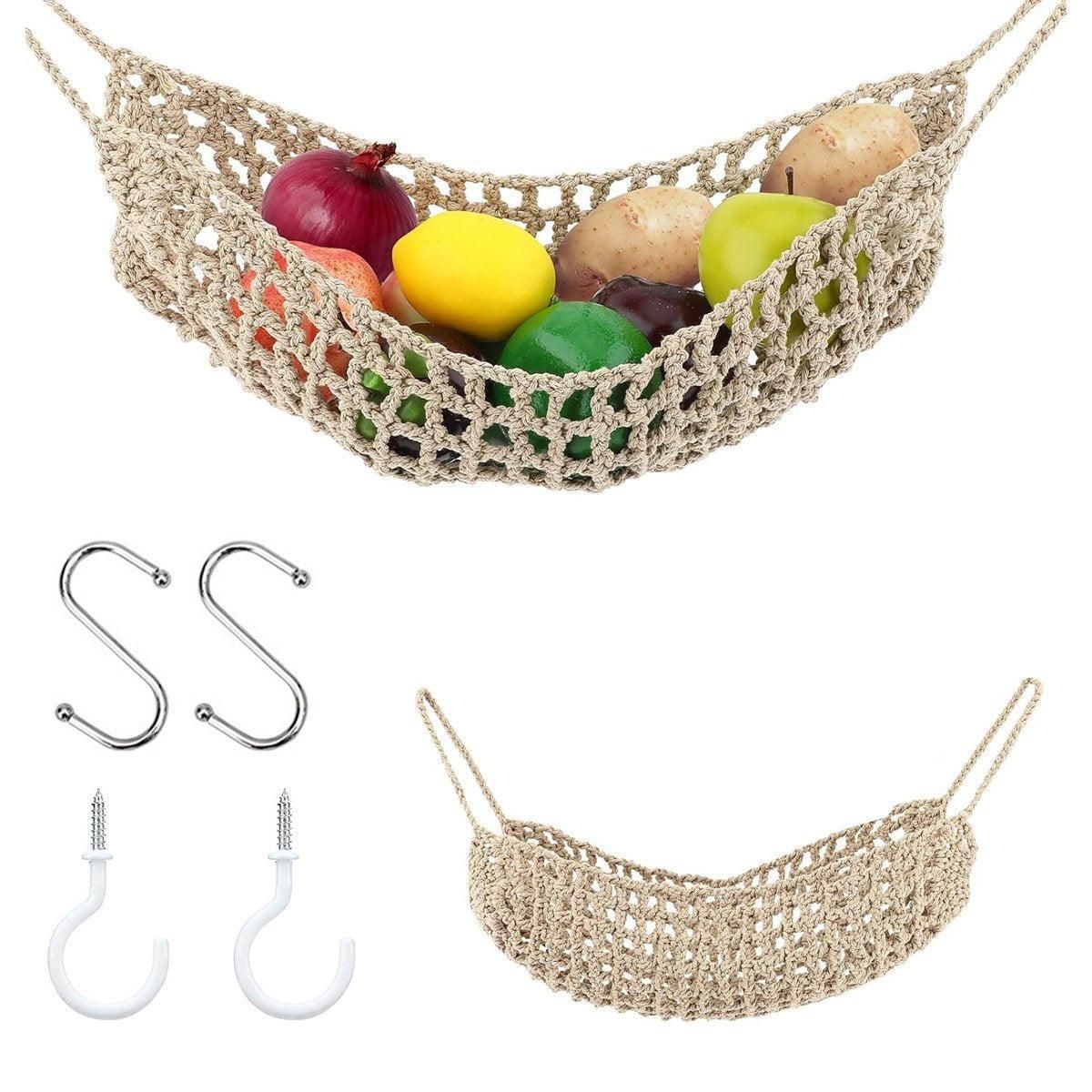 Under Desk Hanging Fruit Basket Kitchen Storage Net Home Organizer for Fruits - Khaki