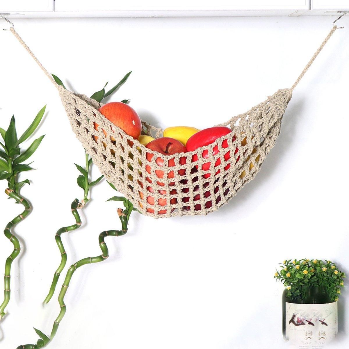 Under Desk Hanging Fruit Basket Kitchen Storage Net Home Organizer for Fruits - Khaki