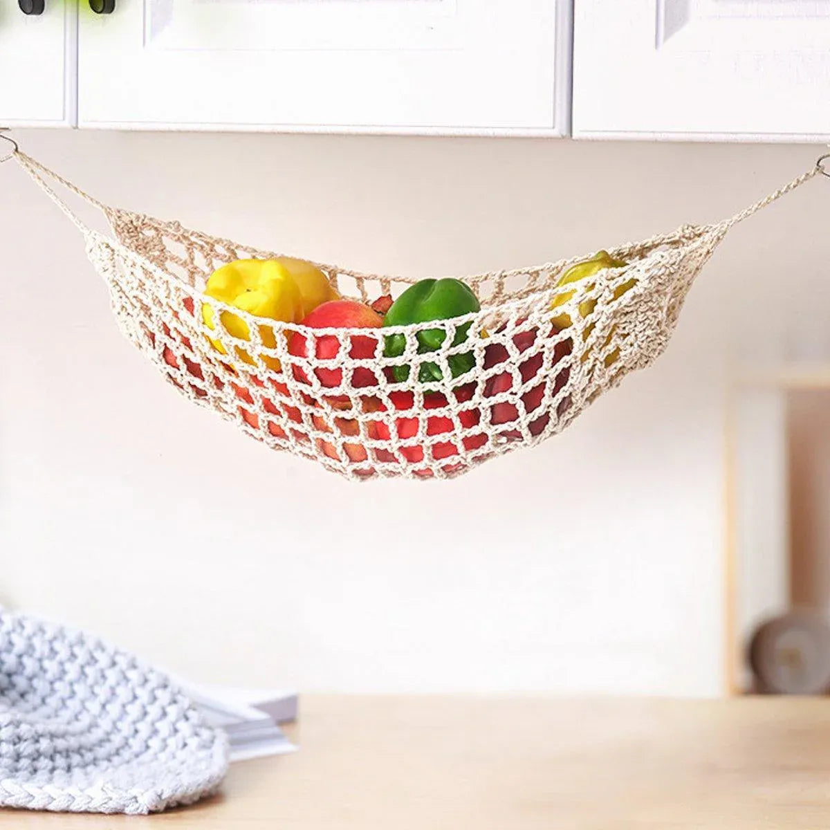 Under Desk Hanging Fruit Basket Kitchen Storage Net Home Organizer for Fruits - Khaki