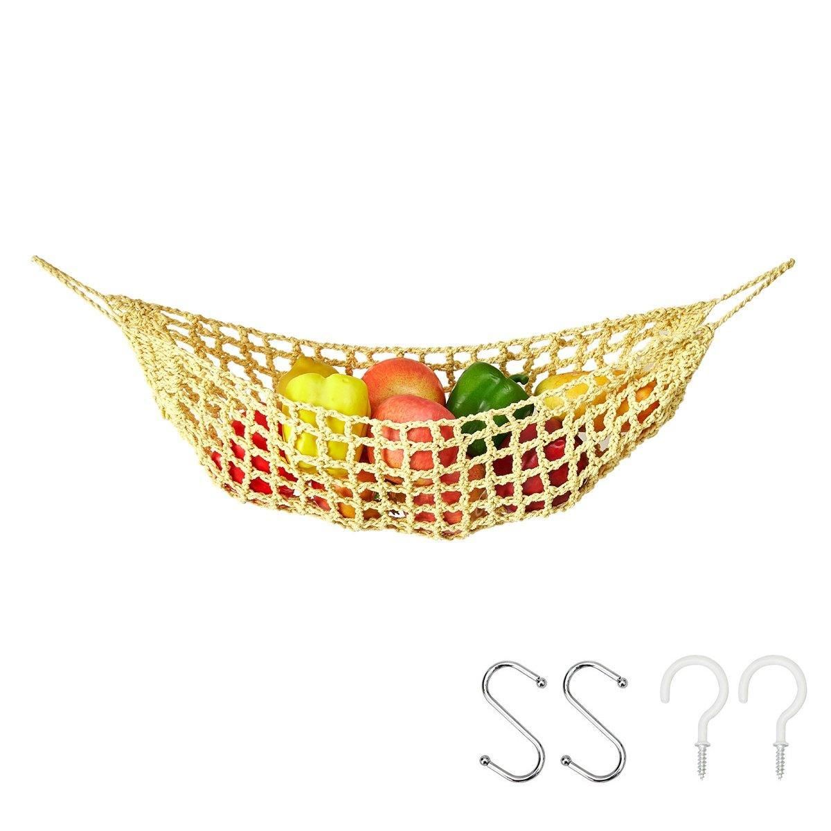 Under Desk Hanging Fruit Basket Kitchen Storage Net Home Organizer for Fruits - Yellow