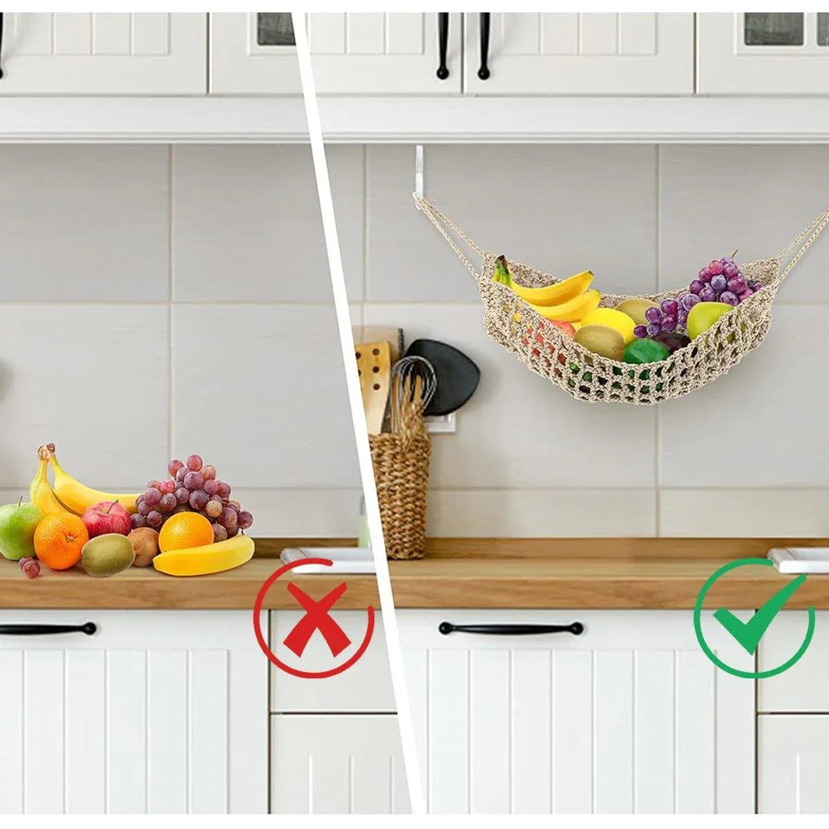 Under Desk Hanging Fruit Basket Kitchen Storage Net Home Organizer for Fruits - Yellow