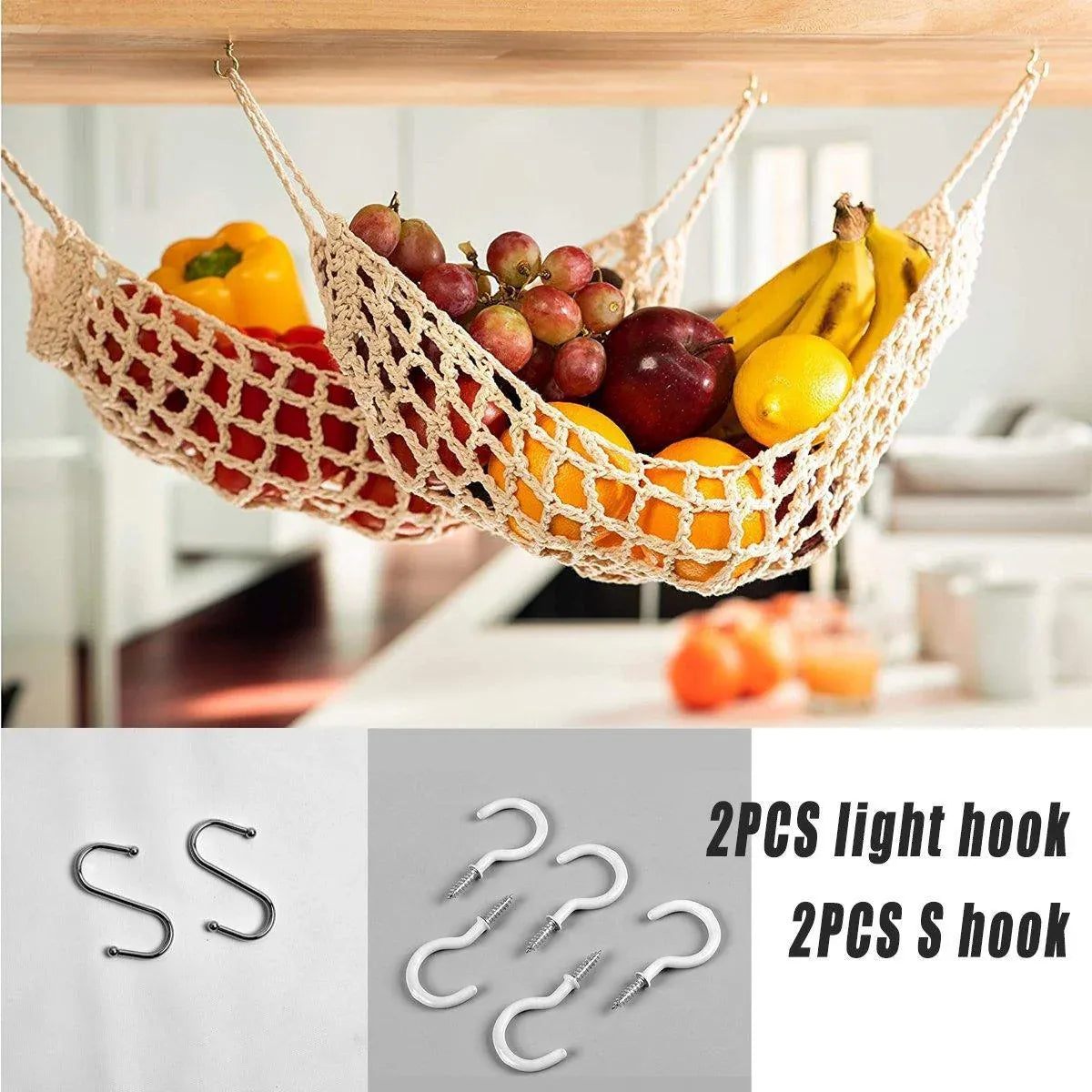 Under Desk Hanging Fruit Basket Kitchen Storage Net Home Organizer for Fruits - Yellow