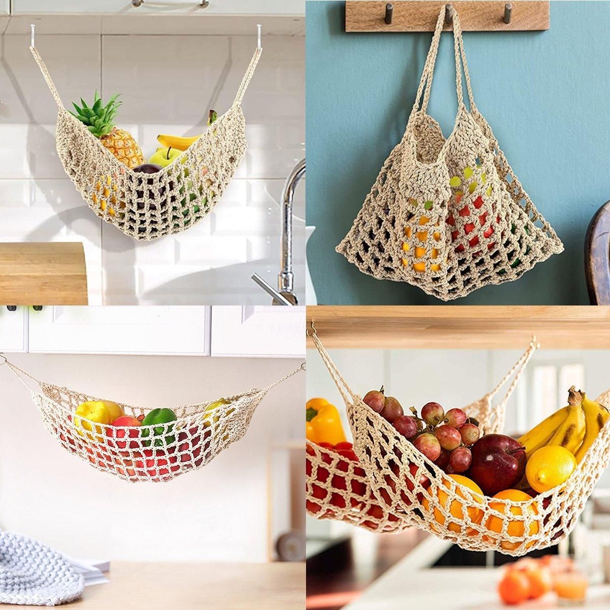 Under Desk Hanging Fruit Basket Kitchen Storage Net Home Organizer for Fruits - Yellow