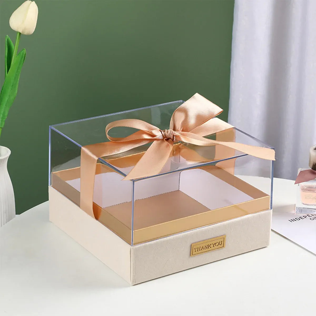 Acrylic Gift Box Clear Souvenir Display Case Bow Storage Container for Packaging - Blue - L