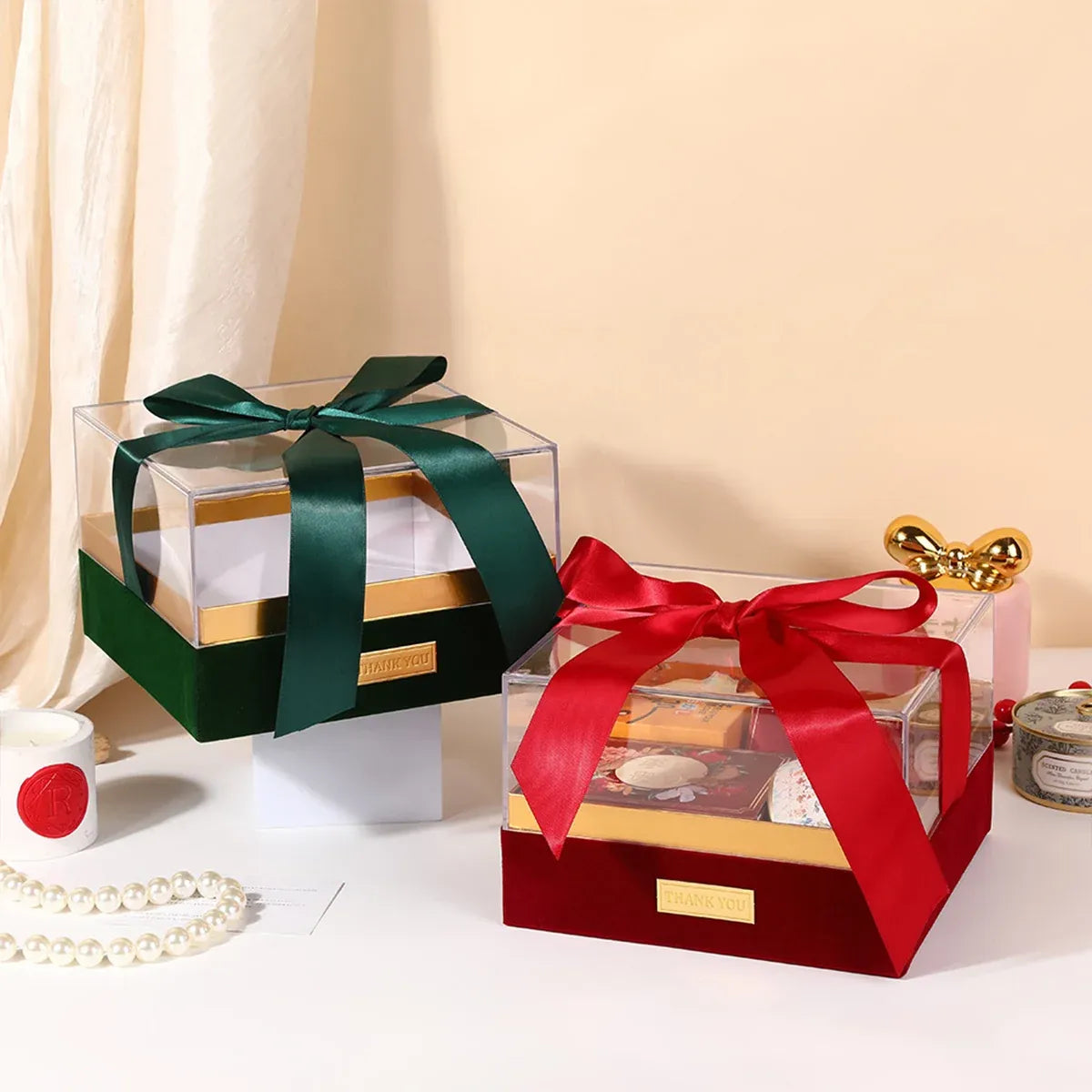 Acrylic Gift Box Clear Souvenir Display Case Bow Storage Container for Packaging - Blue - L