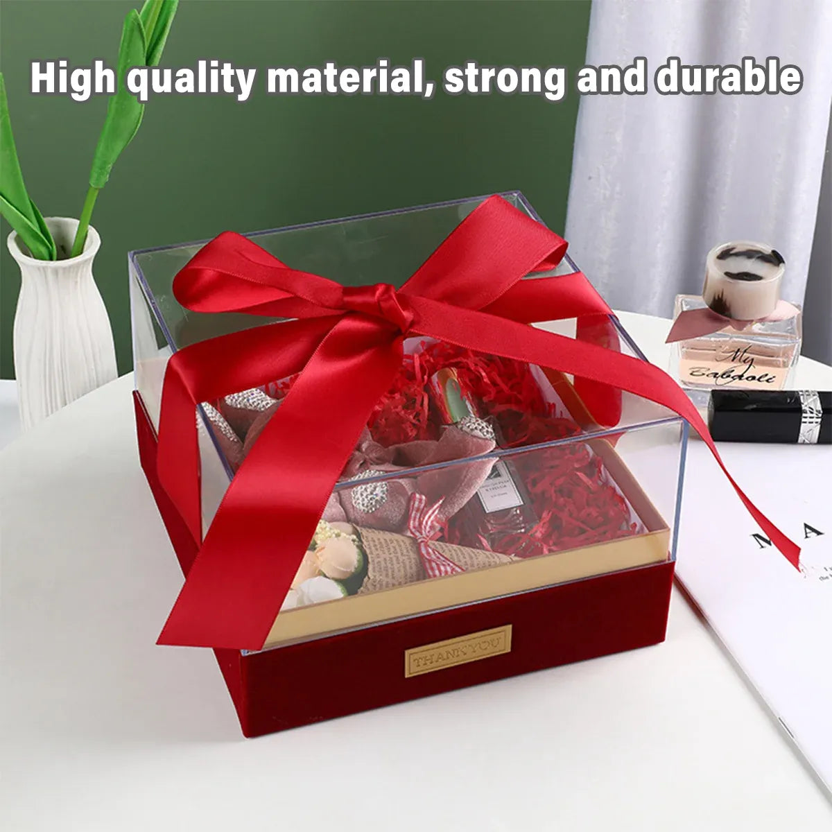 Acrylic Gift Box Clear Souvenir Display Case Bow Storage Container for Packaging - Blue - L