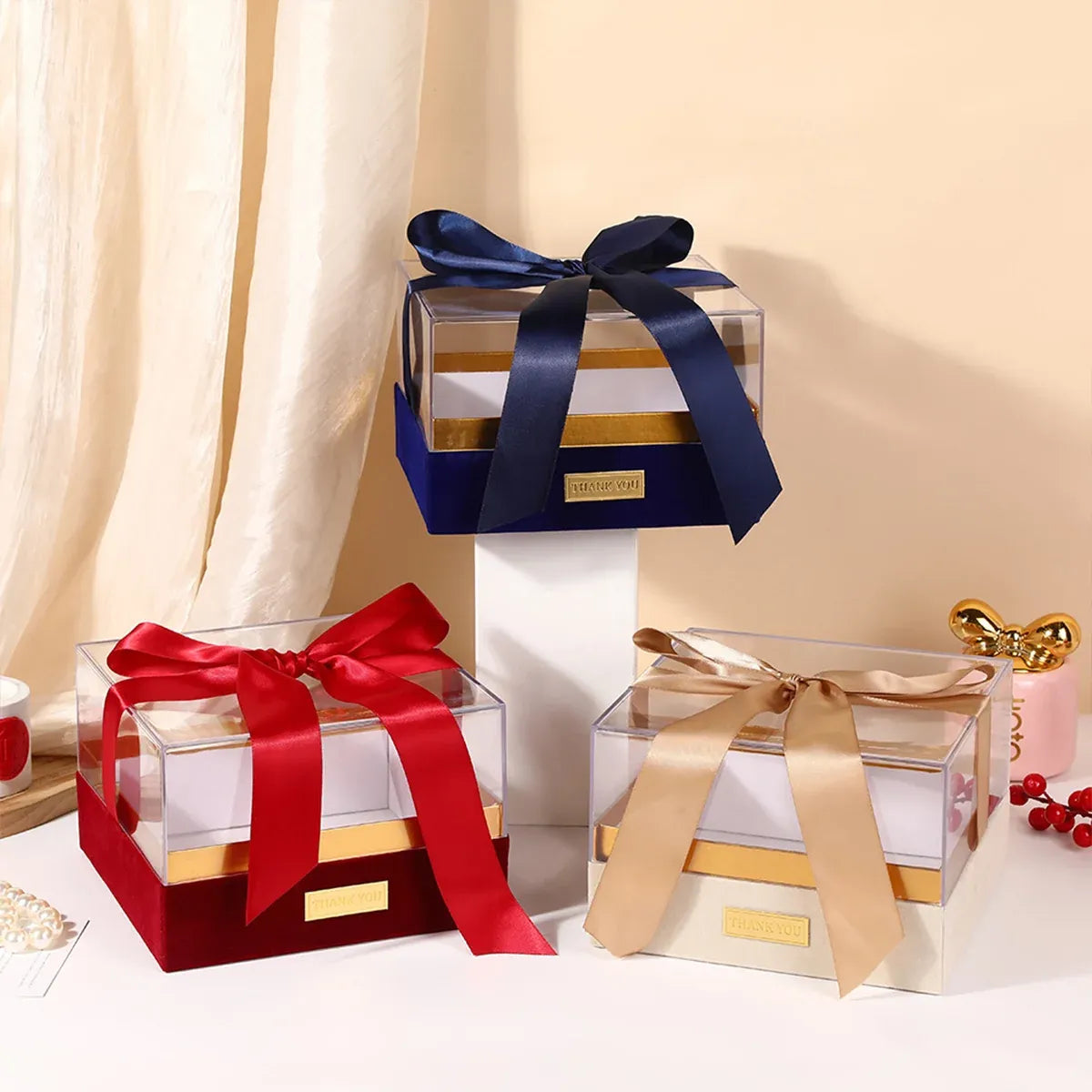 Acrylic Gift Box Clear Souvenir Display Case Bow Storage Container for Packaging - Blue - L