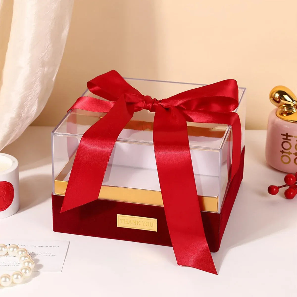 Acrylic Gift Box Clear Souvenir Display Case Bow Storage Container for Packaging - Blue - L