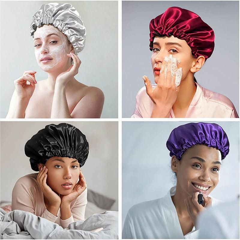 Womens Satin Sleep Cap Bonnet Elastic Wide Band Hair Sleeping Hat - Gold
