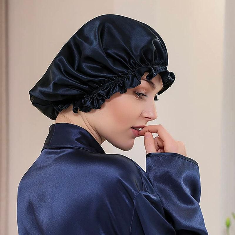 Womens Satin Sleep Cap Bonnet Elastic Wide Band Hair Sleeping Hat - Gold