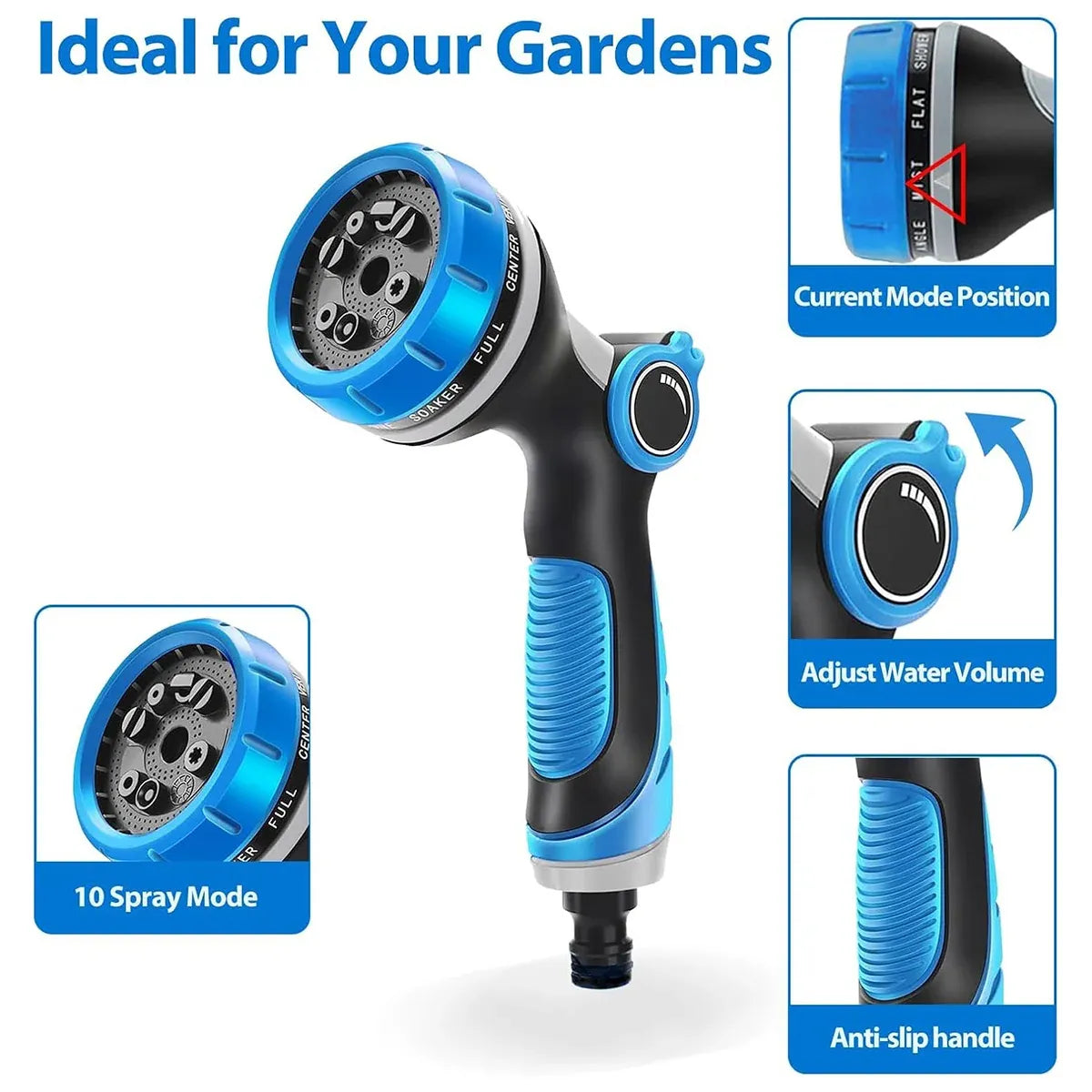 10-Function Garden Hose Nozzle Sprayer for Watering and Car Washing - Blue